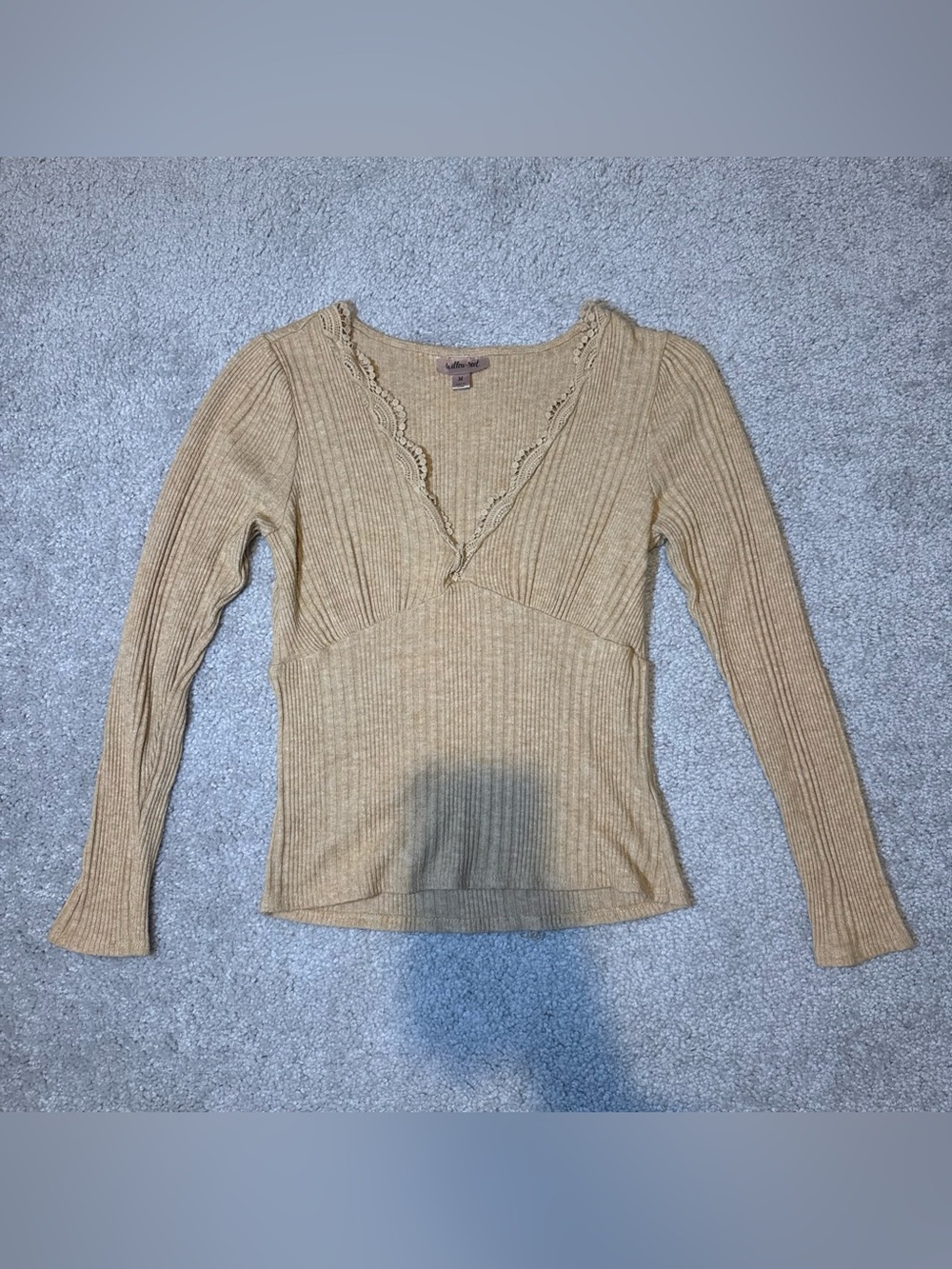 Willow Tan Ribbed Lace-Trim Long Sleeve Top